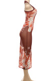Street Print Patchwork O Neck Long Dresses