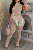 Casual Solid Tassel Patchwork Asymmetrical O Neck Sleeveless Two Pieces