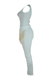 Casual Solid Tassel Patchwork Asymmetrical O Neck Sleeveless Two Pieces