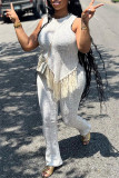 Casual Solid Tassel Patchwork Asymmetrical O Neck Sleeveless Two Pieces