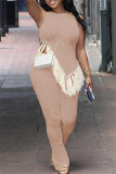 Casual Solid Tassel Patchwork Asymmetrical O Neck Sleeveless Two Pieces