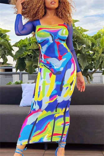 Casual Print Patchwork Square Collar Long Dresses