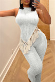 Casual Solid Tassel Patchwork Asymmetrical O Neck Sleeveless Two Pieces