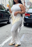Casual Solid Tassel Patchwork Asymmetrical O Neck Sleeveless Two Pieces