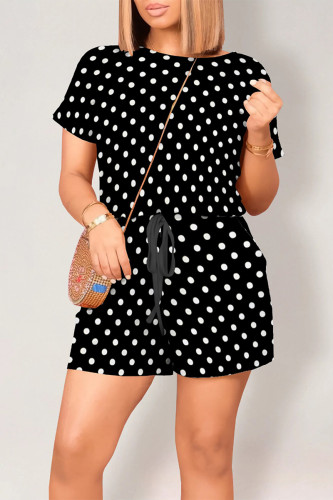 Casual Print Polka Dot Draw String Contrast O Neck Loose Rompers