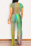 Casual Street Gradient Print Pocket Contrast O Neck Short Sleeve Two Pieces