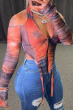 Street Print Hollowed Out Patchwork Zipper Halter Tops