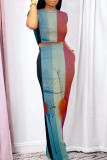 Casual Street Gradient Print Pocket Contrast O Neck Short Sleeve Two Pieces