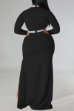 Elegant Hollowed Out Patchwork High Opening Zipper O Neck Long Plus Size Dresses