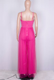 Casual Solid Hollowed Out Patchwork Mesh Zipper Spaghetti Strap Loose Jumpsuits
