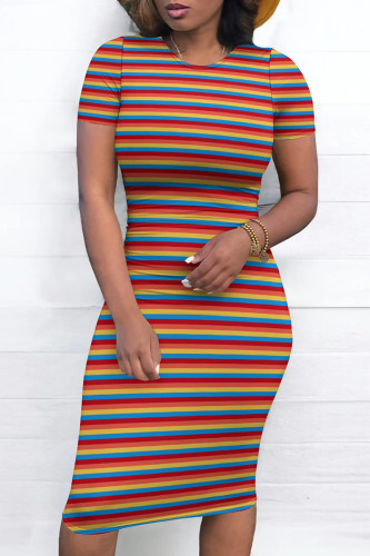 Elegant Striped Color Block Patchwork O Neck Wrapped Skirt Dresses