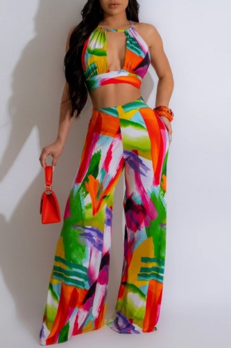 Sexy Print Bandage Hollowed Out Backless Halter Sleeveless Two Pieces