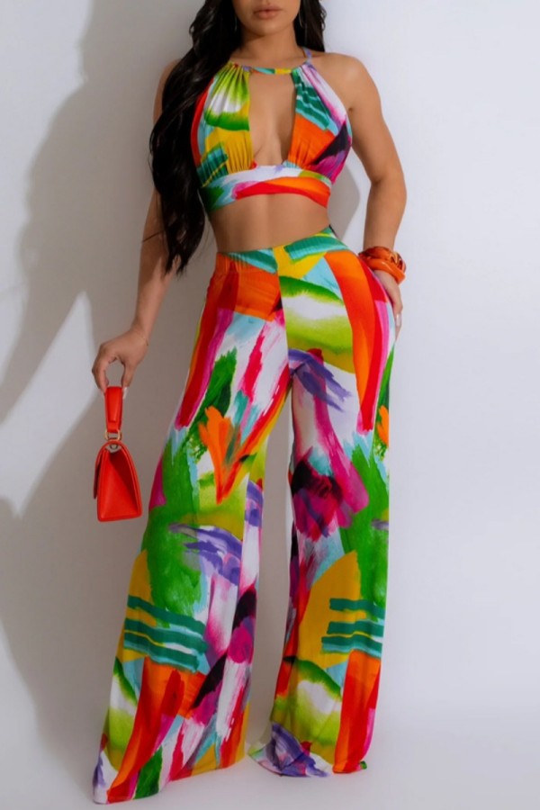 Sexy Print Bandage Hollowed Out Backless Halter Sleeveless Two Pieces