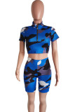 Casual Camouflage Print Patchwork Zipper Zipper Collar Short Sleeve Two Pieces