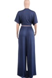 Casual Solid Frenulum V Neck Short Sleeve Two Pieces
