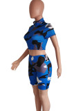 Casual Camouflage Print Patchwork Zipper Zipper Collar Short Sleeve Two Pieces