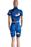 Casual Camouflage Print Patchwork Zipper Zipper Collar Short Sleeve Two Pieces