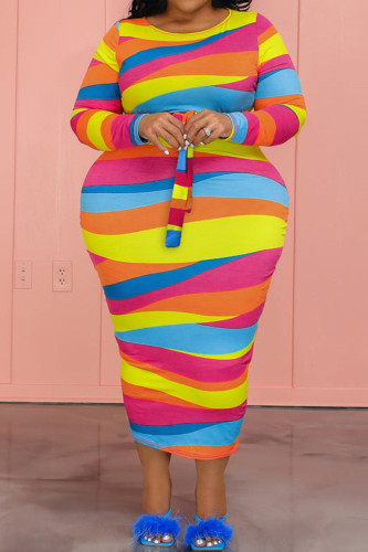 Elegant Color Block Bandage Patchwork O Neck Wrapped Skirt Plus Size Dresses