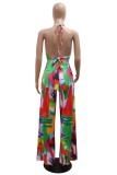 Sexy Print Bandage Hollowed Out Backless Halter Sleeveless Two Pieces