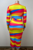 Elegant Color Block Bandage Patchwork O Neck Wrapped Skirt Plus Size Dresses