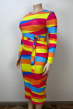 Elegant Color Block Bandage Patchwork O Neck Wrapped Skirt Plus Size Dresses