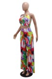 Sexy Print Bandage Hollowed Out Backless Halter Sleeveless Two Pieces