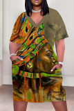Casual Print Patchwork V Neck Straight Plus Size Dresses