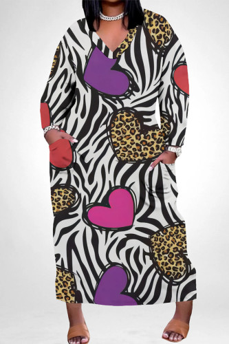 Casual Print Leopard Heart Shaped Pocket V Neck Printed Plus Size Dresses