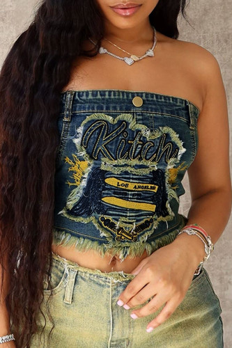 Street Embroidery Patchwork Buttons Zipper Strapless Tops