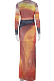 Elegant Print Patchwork Fold O Neck Long Dresses