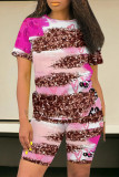 Casual Geometric Print Leopard Contrast O Neck Short Sleeve Two Pieces