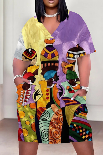 Casual Print Patchwork Pocket V Neck Straight Plus Size Dresses