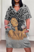Casual Print Patchwork V Neck Straight Plus Size Dresses