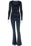 Street Solid Bandage Patchwork U Neck Long Sleeve Two Pieces