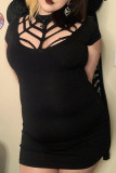 Sexy Solid Hollowed Out Patchwork O Neck Wrapped Skirt Dresses
