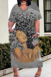 Casual Print Patchwork V Neck Straight Plus Size Dresses