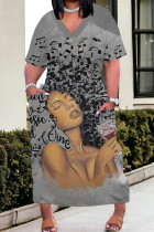 Casual Print Patchwork V Neck Straight Plus Size Dresses