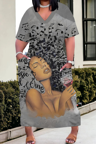 Casual Print Patchwork V Neck Straight Plus Size Dresses