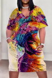 Casual Print Patchwork V Neck Straight Plus Size Dresses
