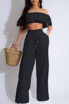 Casual Solid Patchwork Backless Off the Shoulder Short Sleeve Two Pieces
