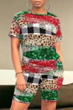 Casual Geometric Print Leopard Contrast O Neck Short Sleeve Two Pieces