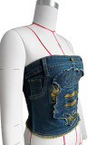 Street Embroidery Patchwork Buttons Zipper Strapless Tops