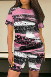 Casual Geometric Print Leopard Contrast O Neck Short Sleeve Two Pieces