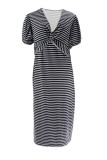 Casual Striped Print Patchwork V Neck Long Plus Size Dresses