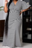 Casual Striped Print Patchwork V Neck Long Plus Size Dresses