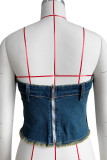 Street Embroidery Patchwork Buttons Zipper Strapless Tops