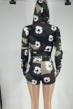 Casual Street Print Patchwork Frenulum Zipper Hooded Collar Long Sleeve Two Pieces