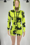 Casual Street Print Patchwork Frenulum Zipper Hooded Collar Long Sleeve Two Pieces