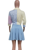 Casual Striped Patchwork Pocket Buckle Pleated Turndown Collar Three Quarter Two Pieces