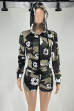 Casual Street Print Patchwork Frenulum Zipper Hooded Collar Long Sleeve Two Pieces